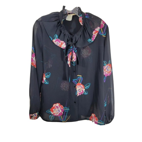 KAKI ROBERTS size 16 sheer Ruffle black flower VINTAGE 80's blouse shirt top - Picture 1 of 7